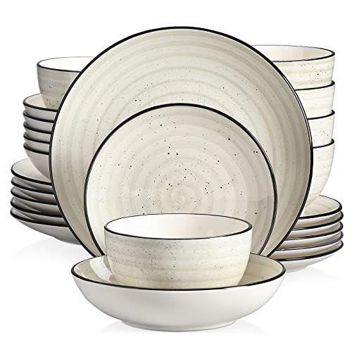 vancasso serie Bonbon Juego de Vajilla 24 pcs Vajilla de Gres pintada a mano para 6 Personas Vajillas Completas con Cuencos de Cereales, Platos Hondos, Platos de Postre y Platos Cena, Beige
